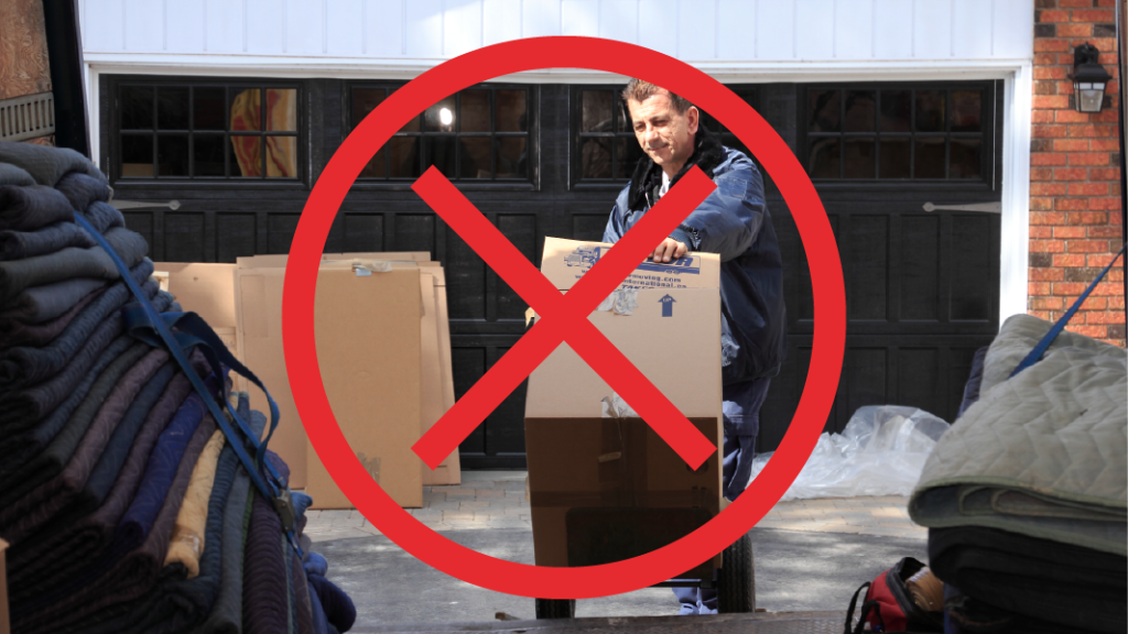 Man loading box on a truck covered with an X to illustrate what can't be loaded on a moving truck