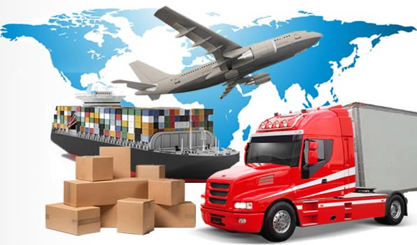 Collage of moving methods, including moving truck, boxes, container ship, and plane