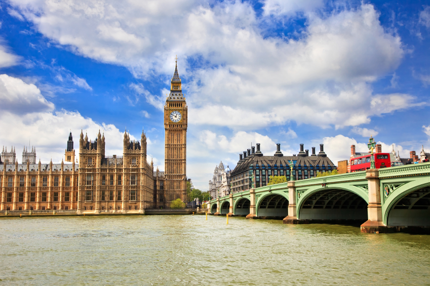 View of the UK parliament building from the Thames river