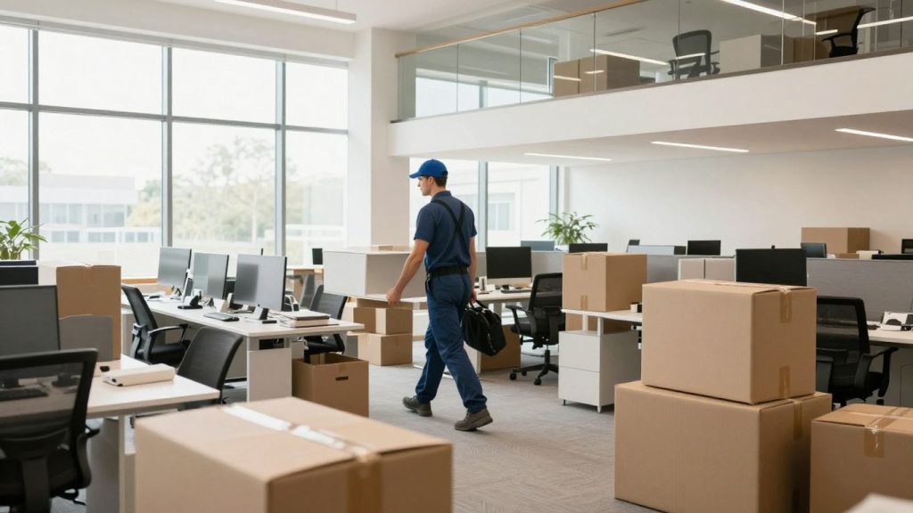 Moving crew carrying office furniture into a new building.