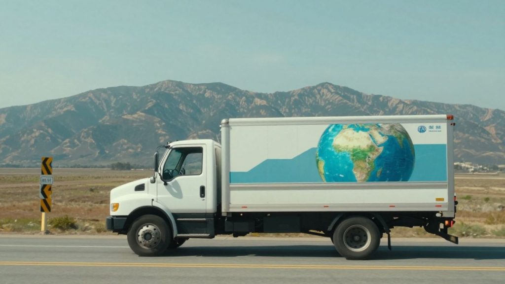 Moving truck crossing international border with globe