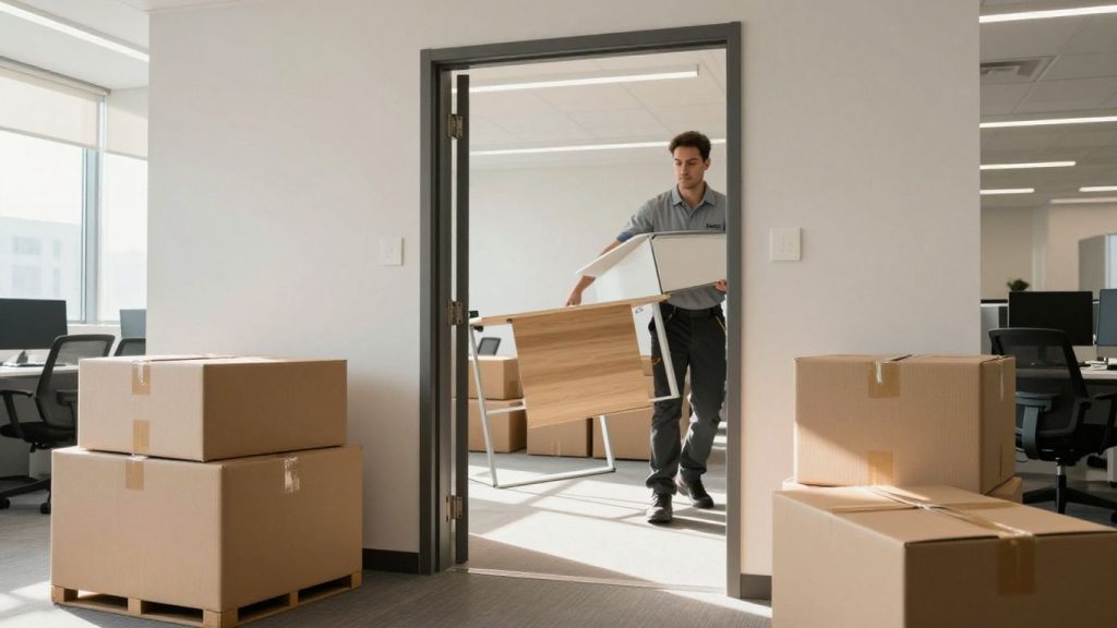 Office moving crew carrying desk and boxes.