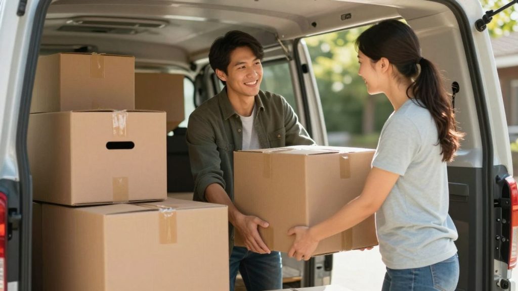 Couple loading moving truck with boxes