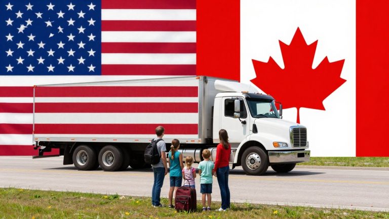 Family moving from USA to Canada with flags and truck.