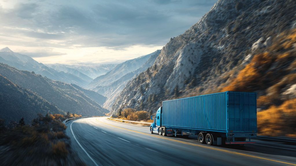 A blue semi-truck drives on a highway through a mountainous landscape.