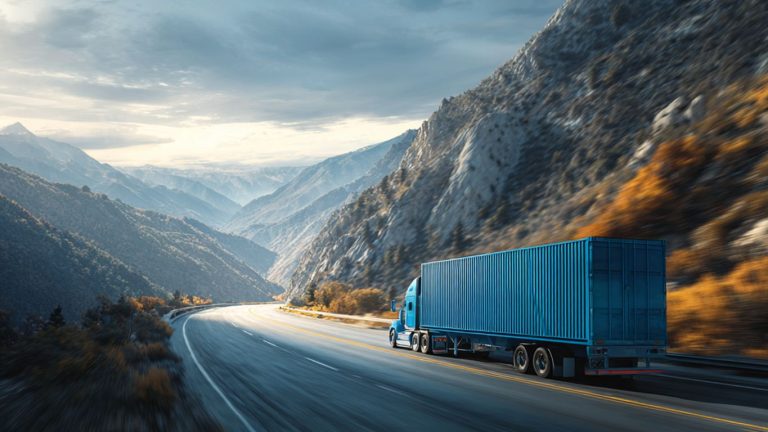 A blue semi-truck drives on a highway through a mountainous landscape.